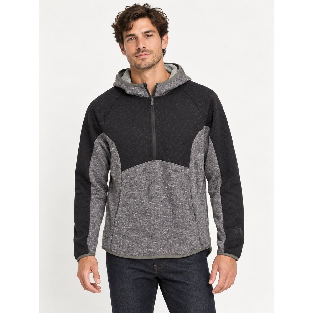 The North Face Womens L Grey Black Hooded Hybrid Fleece Half Zip Pullover Hiking